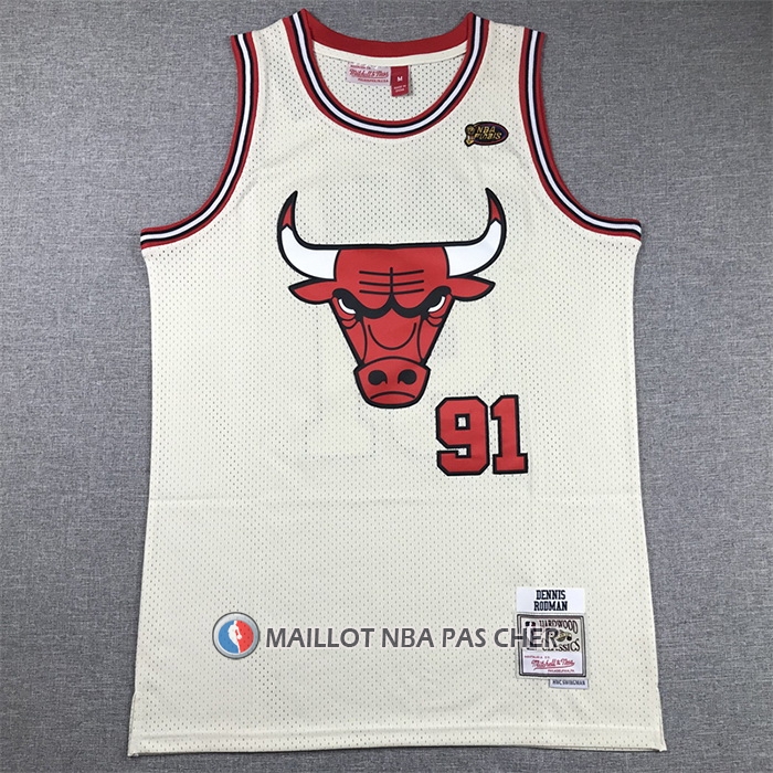 Maillot Chicago Bulls Dennis Rodman NO 91 Mitchell & Ness Chainstitch Creme